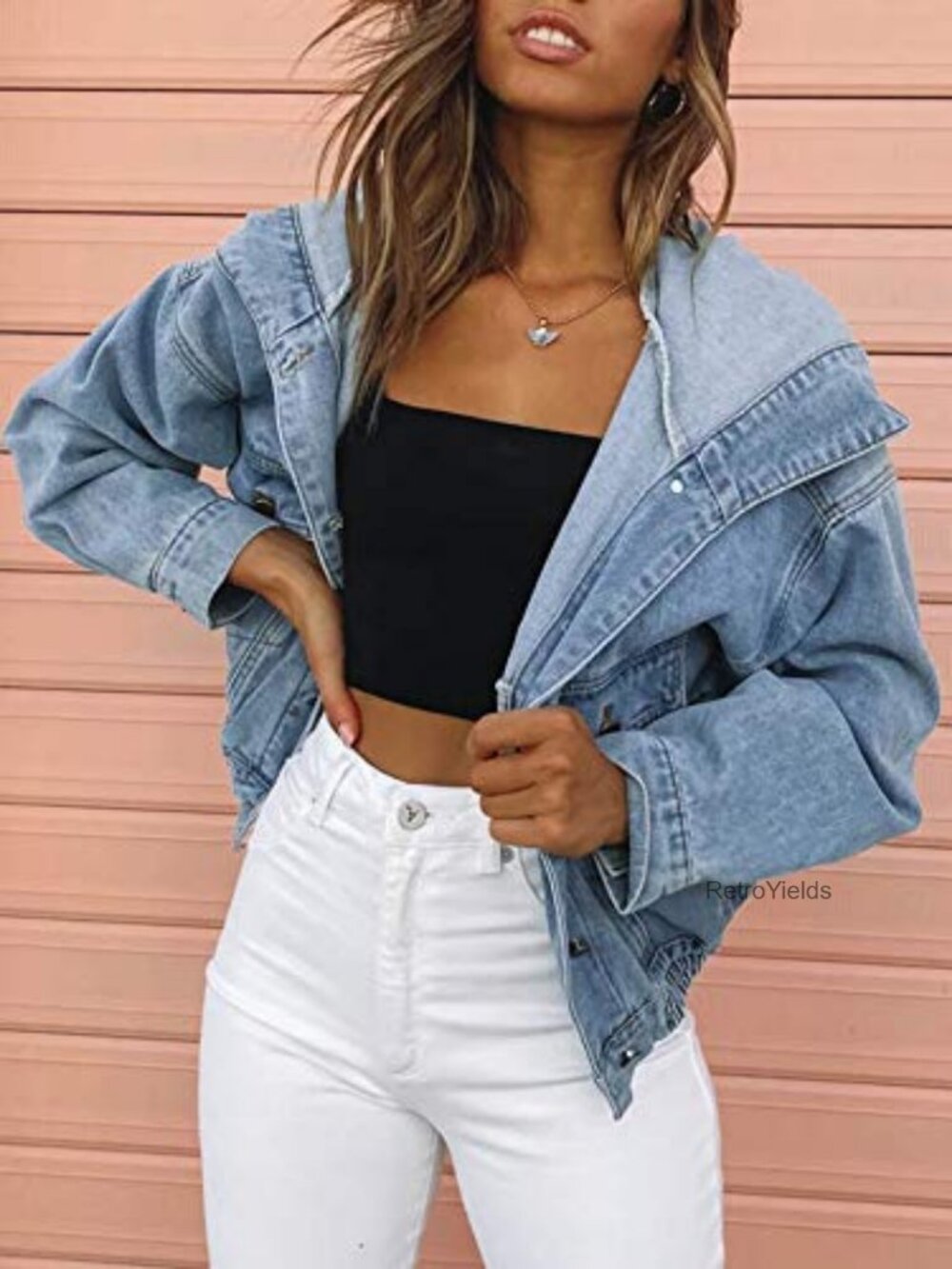 Oversized Varsity Denim Jacket with Hood Button Front Pockets - Picture 2 of 6